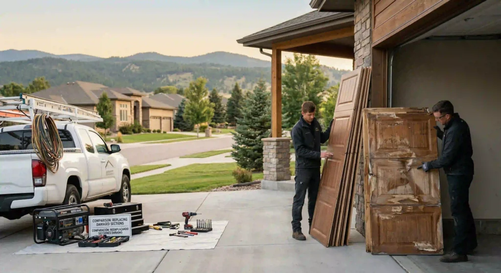 damaged vs new garage door comparison