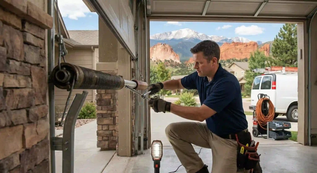 technician repairing a garage door spring in a Colorado Springs residential driveway.