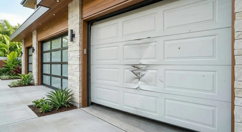 dented garage door panel before repair