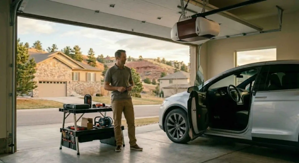 homeowner using garage door remote or app