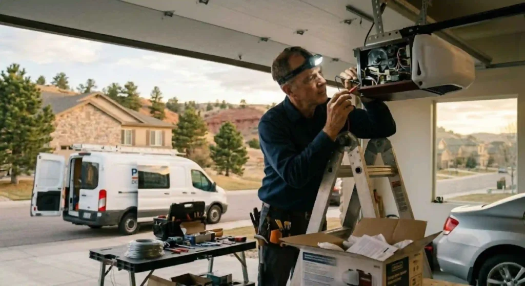 technician inspecting garage door opener