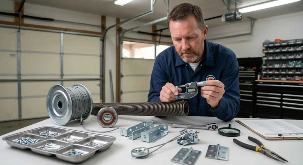 technician inspecting garage door parts