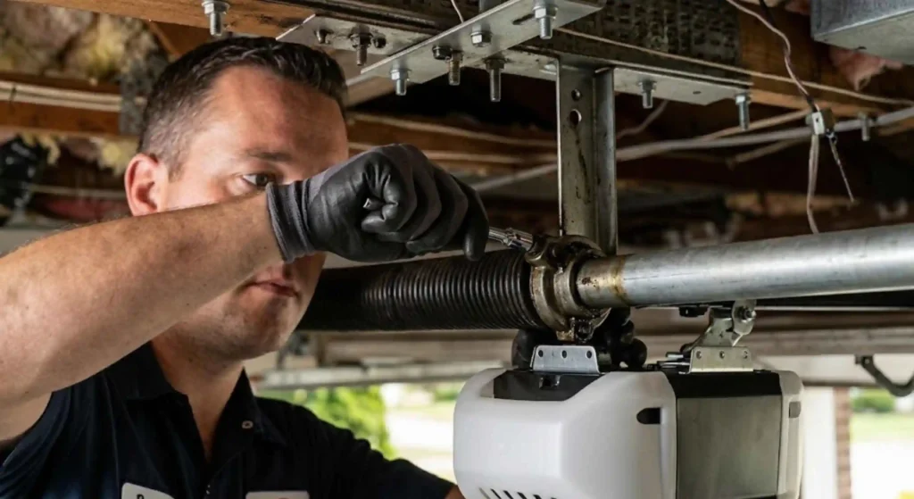 Garage door repair technician working on residential system in Elizabeth