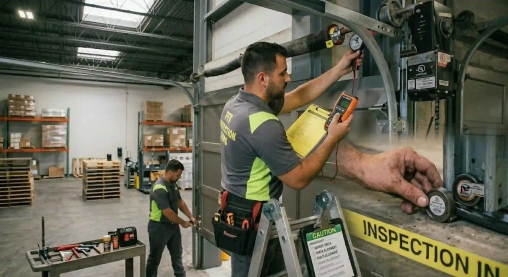 Preventative maintenance inspection on overhead warehouse door