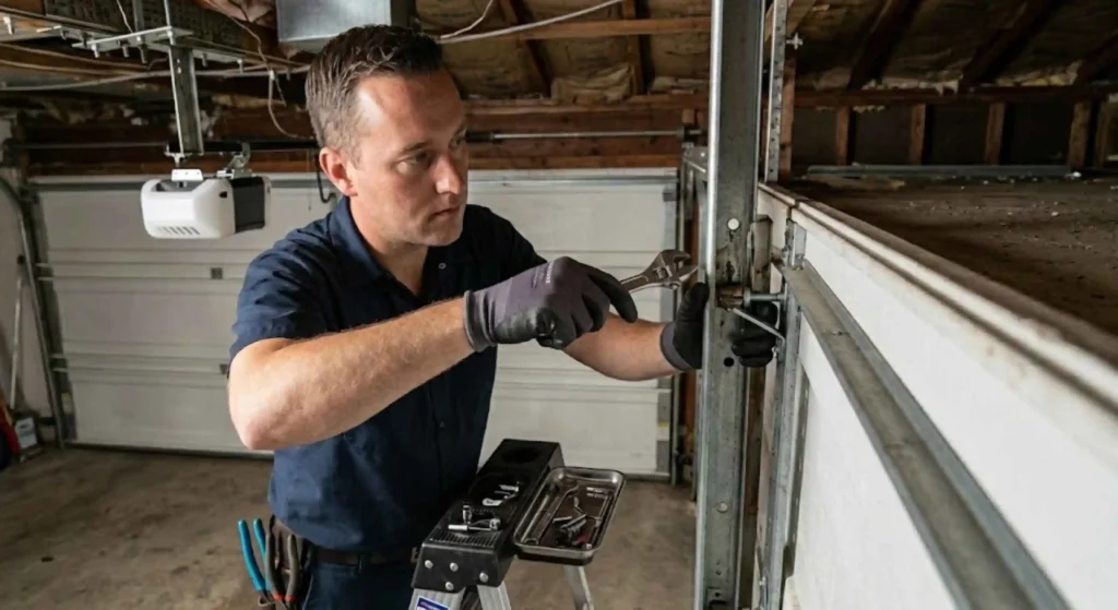 Technician adjusting garage door tracks and rollers