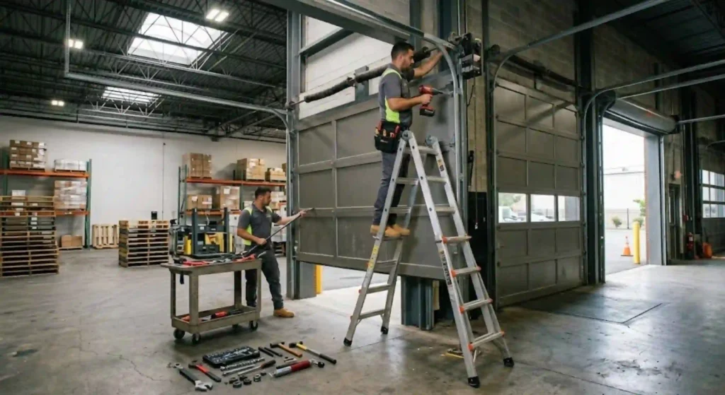 Technician repairing commercial overhead door in warehouse
