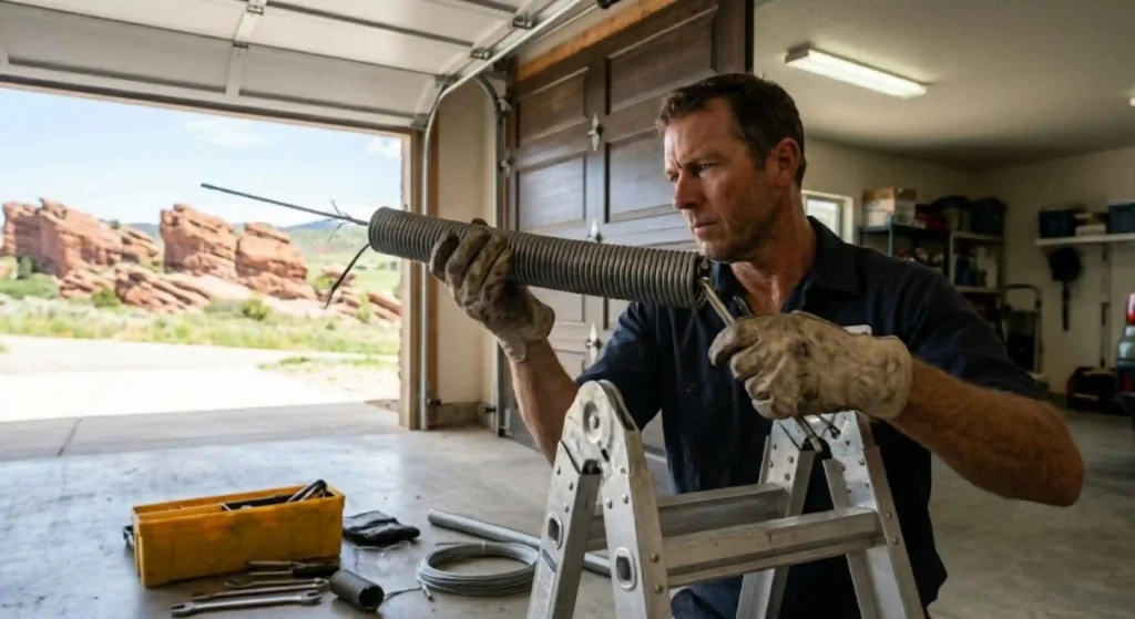 Garage door technician repairing broken spring in Castle Rock