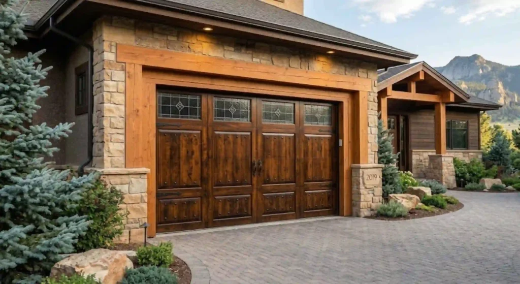 Luxury custom wood garage door with decorative windows in Castle Rock