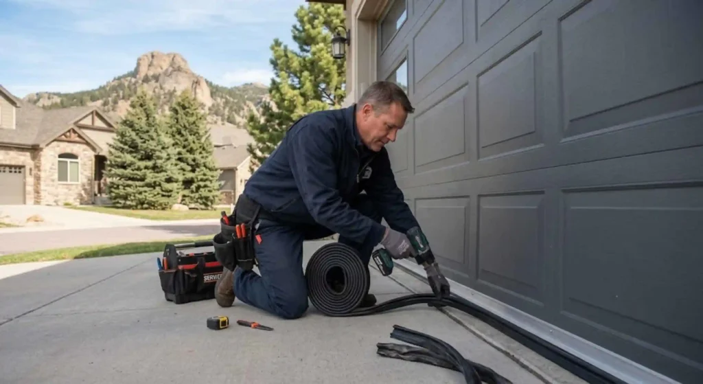 Technician installing new garage door bottom seal in Castle Rock