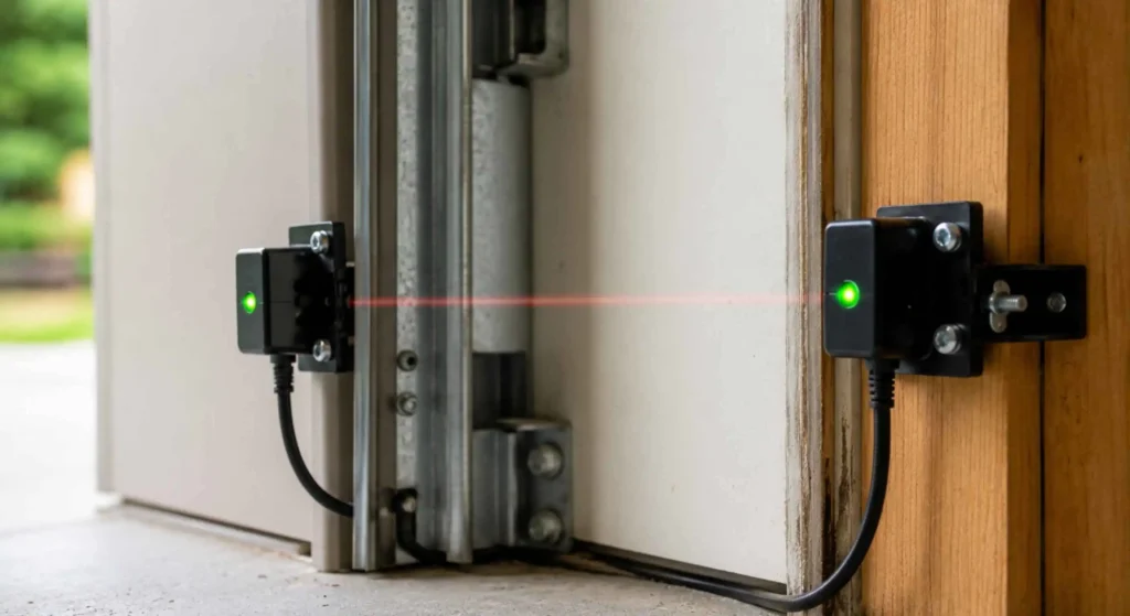 Properly aligned garage door safety sensors on a Parker Colorado garage door