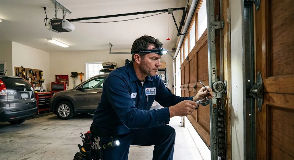 Garage door contractor inspecting a Parker CO garage door system