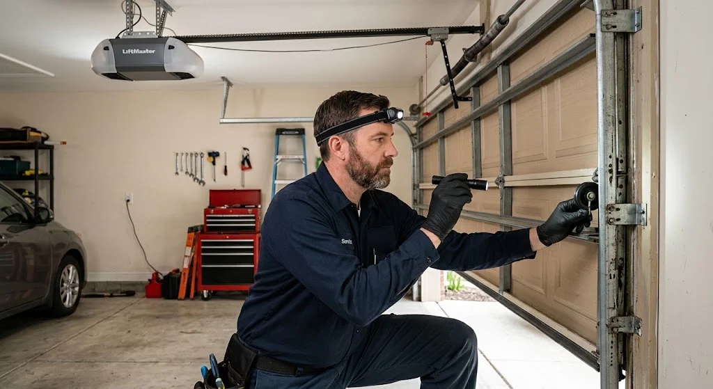 Garage door technician inspecting rollers and opener for a Parker Master Suite home
