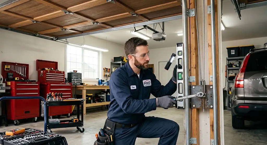 Professional technician checking garage door brackets and tracks in Denver CO