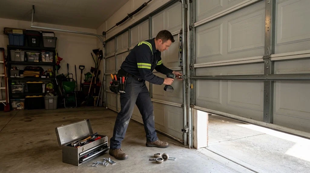 Expert technician completing garage door roller installation and alignment in Denver.