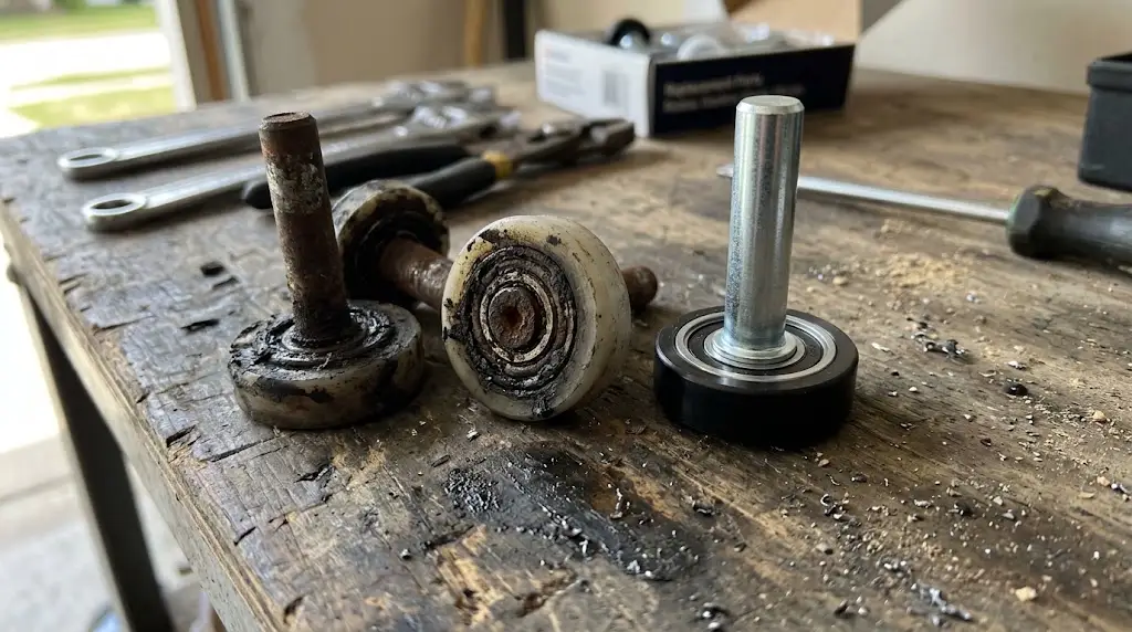 Worn garage door rollers that may require professional roller replacement in Denver.